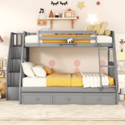 Twin Over Full Bunk Bed With Drawers, Ladder And Storage Staircase - Gray