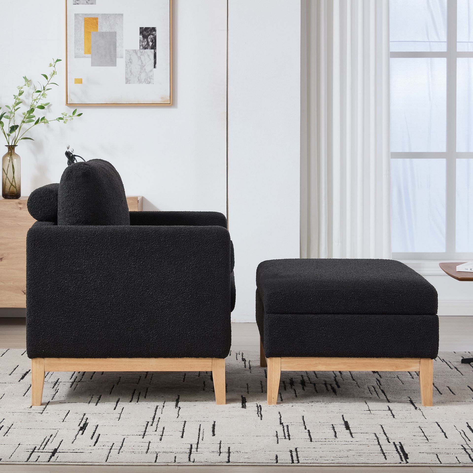 Farmhouse Upholstered Accent Chair With Ottoman Wood Base, Reversible Lid Coffee Table For Living Room - Black - Image 6