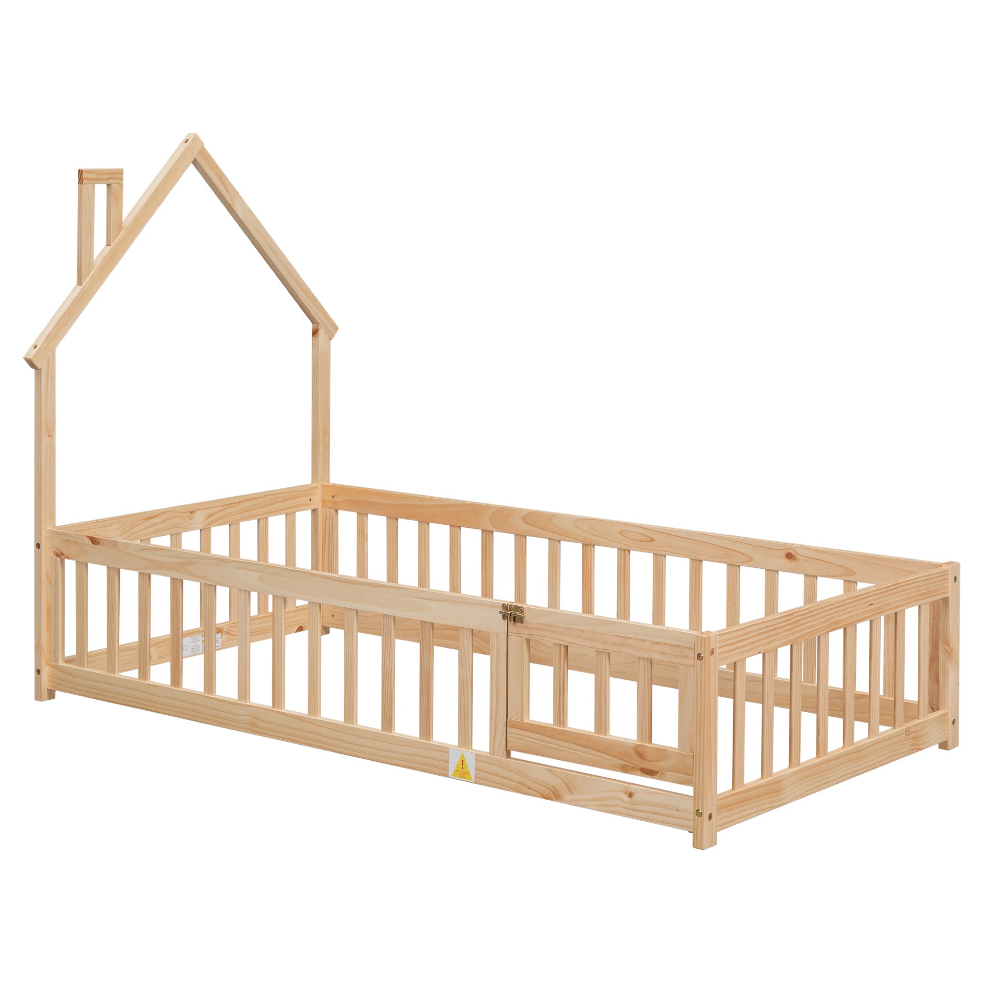 Twin House-Shaped Headboard Floor Bed With Fence - Natural - Image 11