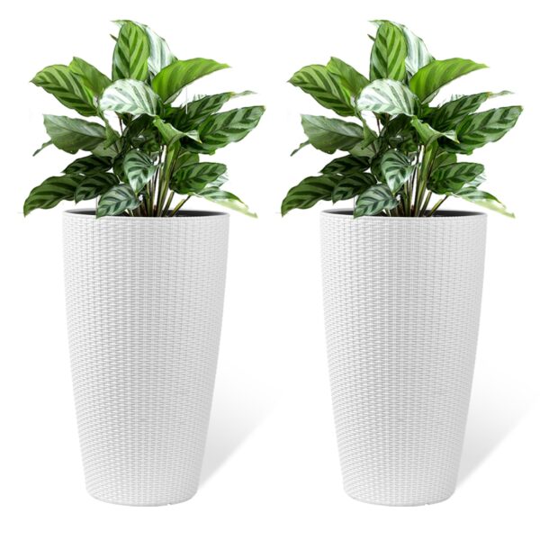 Faux Rattan Tall Planters Set With Water Level Monitor And Automatic Watering, Polypropylene - Black / Gray