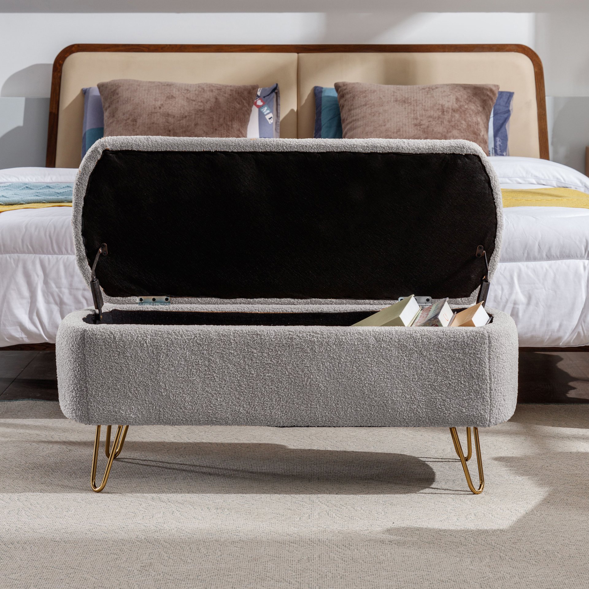 Storage Ottoman Bench For End Of Bed Gold Legs, Modern Gray Faux Fur Entryway Bench Upholstered Padded With Storage For Living Room Bedroom - Gray - Image 7