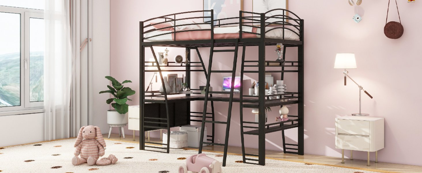 Twin Size Loft Bed With 4 Layers Of Shelves And L-Shaped Desk, Stylish Frame With A Set Of Sockets, USB Ports And Wireless Charging - Black - Image 13