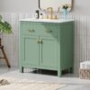 Bathroom Vanity With Ceramic Sink, Modern Single Bathroom Cabinet With 2 Doors And A Shelf, Soft Close Doors - Green - Image 3