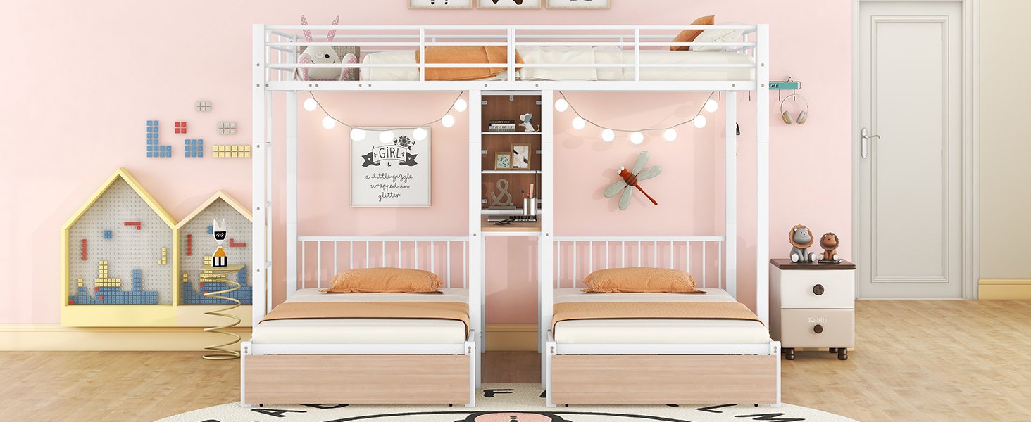 Full Over Twin & Twin Triple Bunk Bed With Drawers, Multi-Functional Frame With Desks And Shelves In The Middle - White - Image 20
