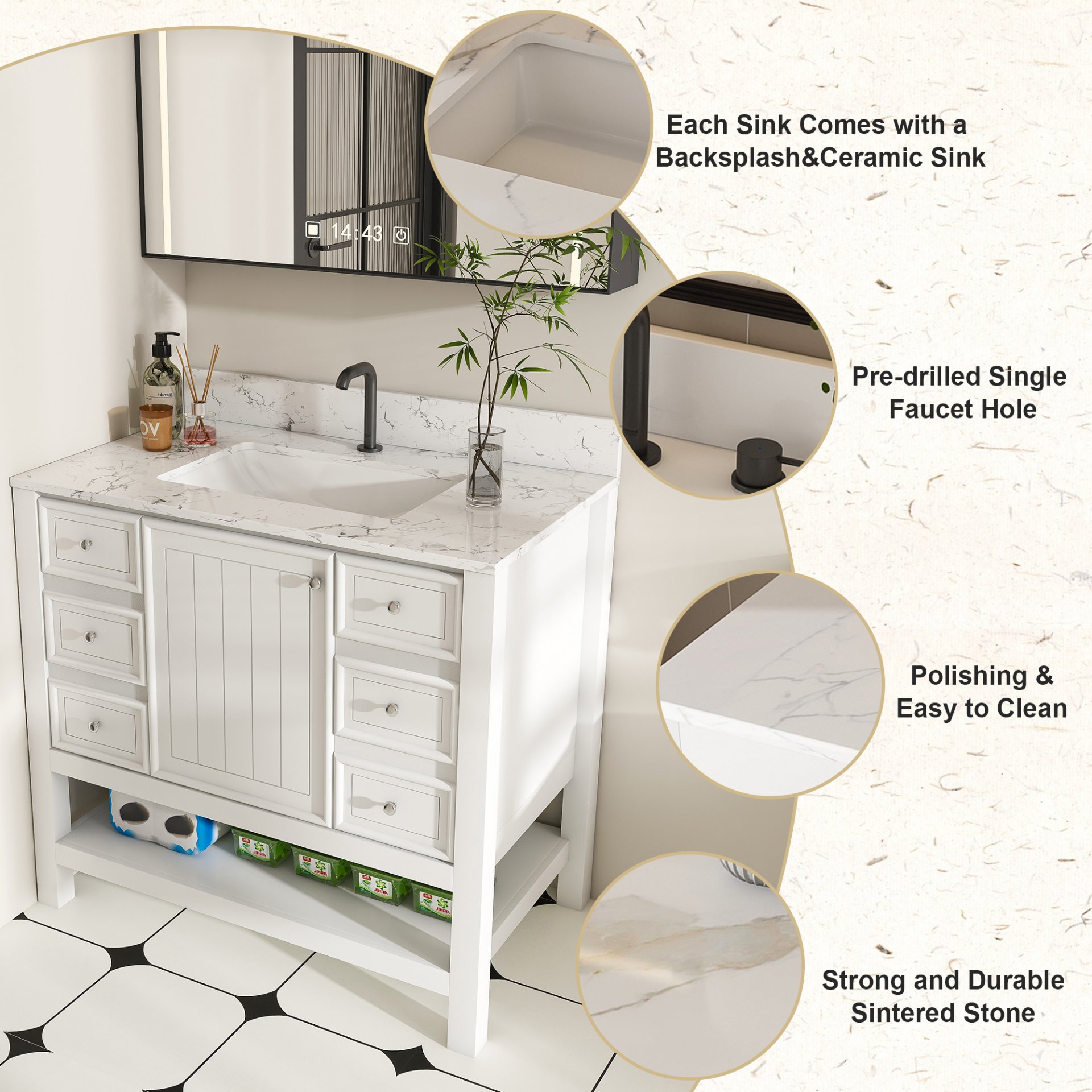 37" Bathroom Vanity, Multi Functional Cabinet With Doors And Drawers, Frame, Single Faucet Hole - White - Image 9