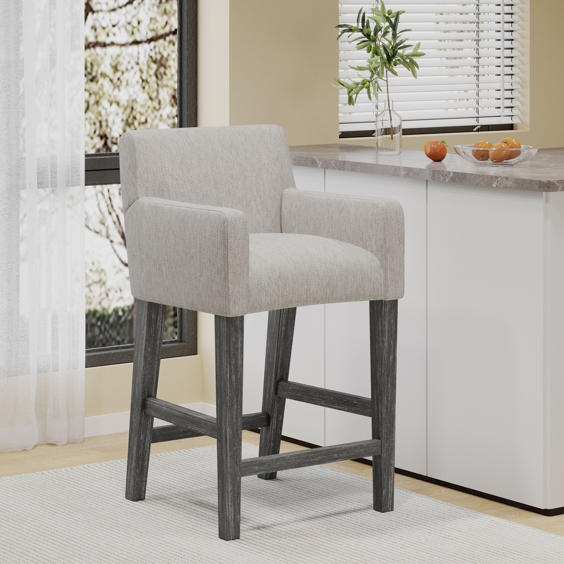 Charmed Upholstered Counter Stool With H Frame Base And Round Arms - Light Gray - Image 2