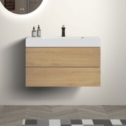 Alice - U042-Alice36-106 Bathroom Vanity With Black Sink, Large Storage Wall Mounted Floating Bathroom Vanity For Modern Bathroom, One-Piece Black Sink Basin Without Drain - Oak / White
