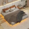 King Size Floating Bed With LED Lights Underneath, Modern King Size Low Profile Platform Bed With LED Lights - Gray - Image 2