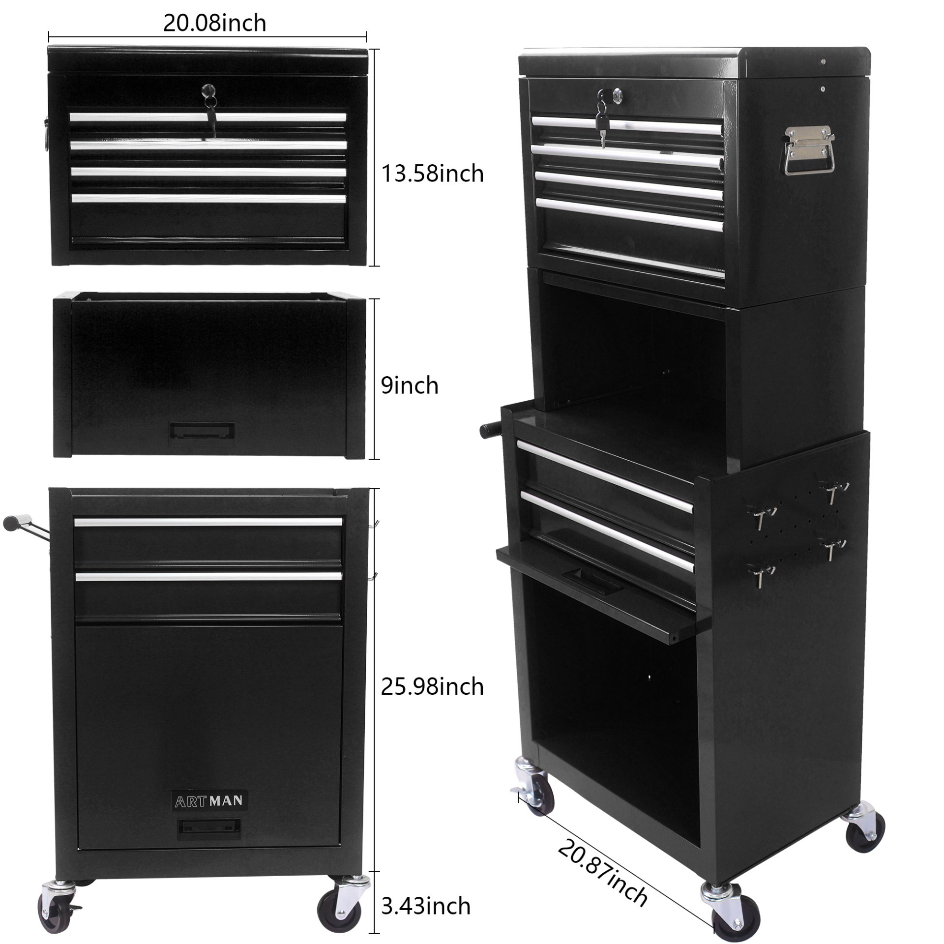 6 Drawer Lockable Tool Cabinet On Wheels Steel Rolling Tool Chest With Detachable Toolbox, 2 In 1 Garage Workshop Storage Organizer With 4 Universal Casters - Black - Image 10