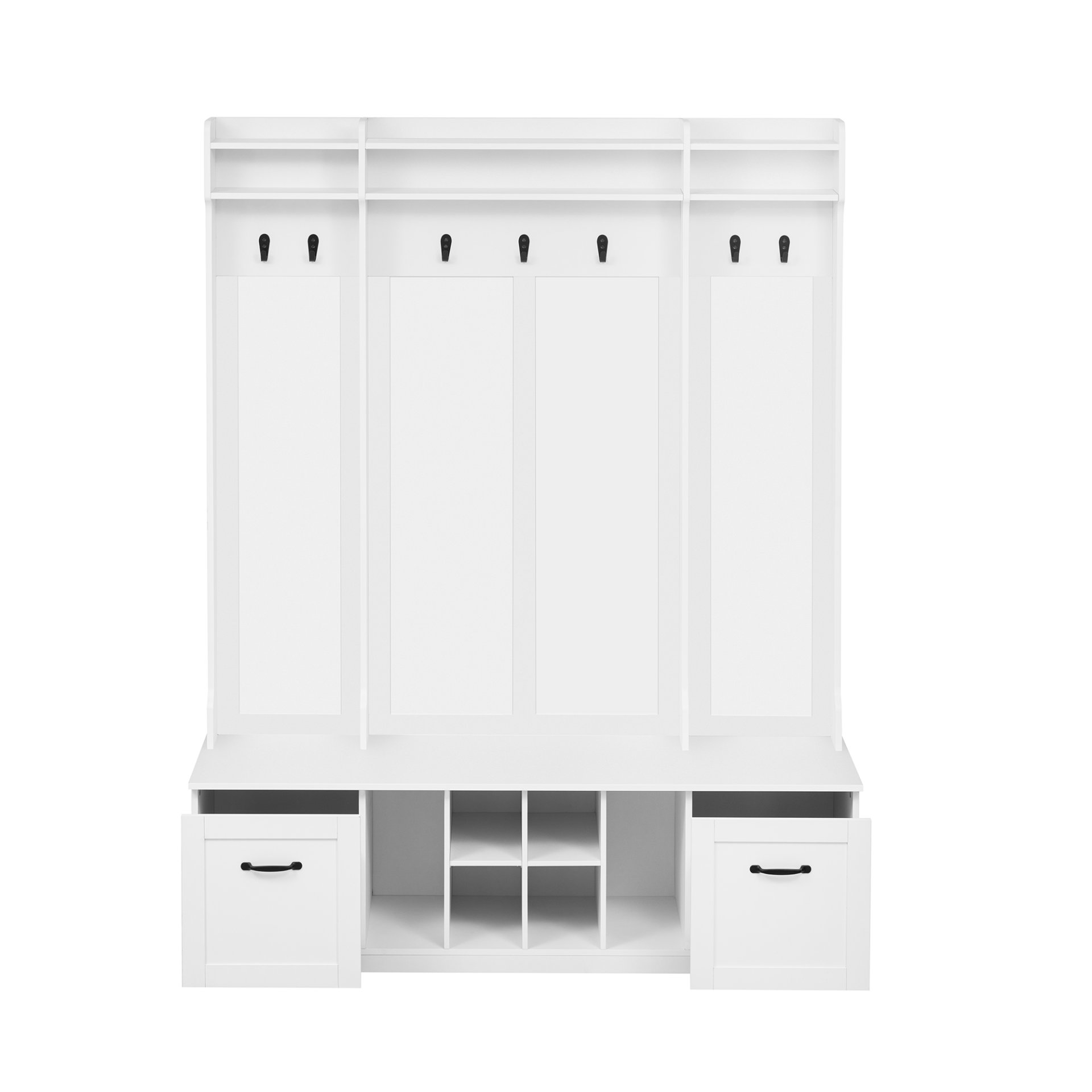 5 In 1 Entryway Bench With Coat Rack, 7 Sturdy Hooks, 2 Spacious Drawers And Adjustable Shelves, Wide Hall Tree With Metal Handles For Hallway - White - Image 13
