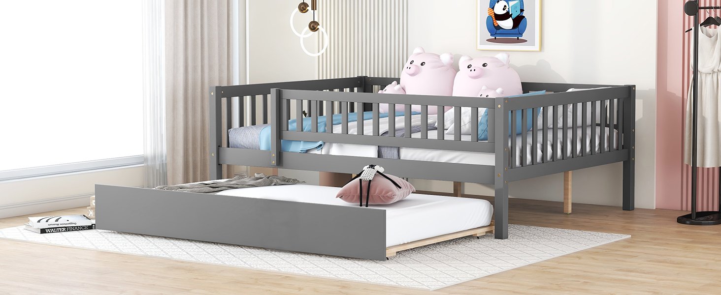 Full Size Daybed With Trundle And Fence Guardrails - Gray - Image 17