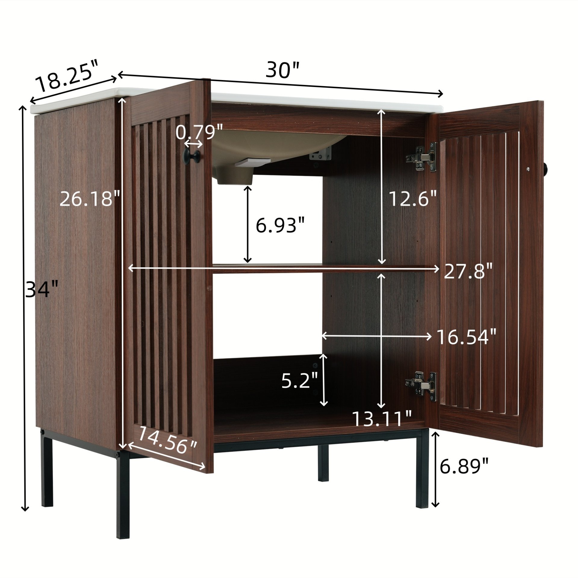 30" Vintage Bathroom Vanity With Ceramic Sink, Modern Bathroom Vanity Cabinet With 2 Soft Close Doors, Equpiied With 4 Sturdy Iron Legs - Antique Dark Brown - Image 3
