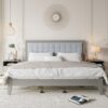 King Size Mid Century Solid Wood Platform Bed With Upholstered Headboard - Gray - Image 2