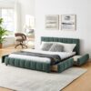 Modern Queen Size Upholstered Bed With Storage Drawer - Blue / Green - Image 5