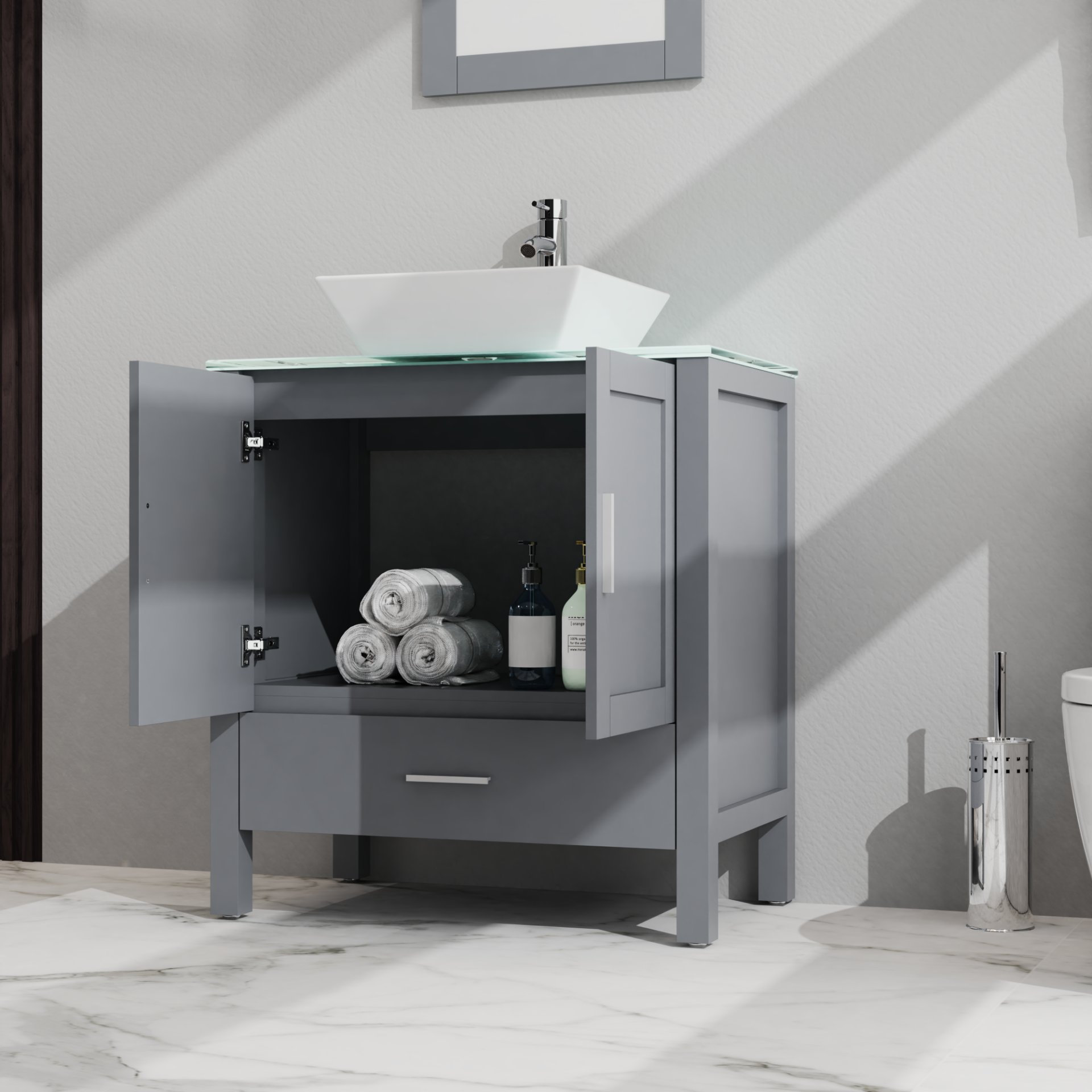Bathroom Vanity And Sink Combo Glass Top Cabinet With Mirror - Gray - Image 4