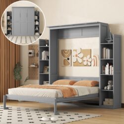 Queen Size Murphy Wall Bed With Shelves And LED Lights - Gray