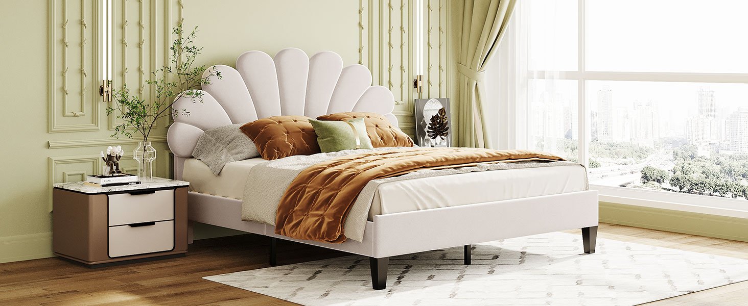 Queen Size Upholstered Platform Bed With Flower Pattern Headboard - Beige - Image 13