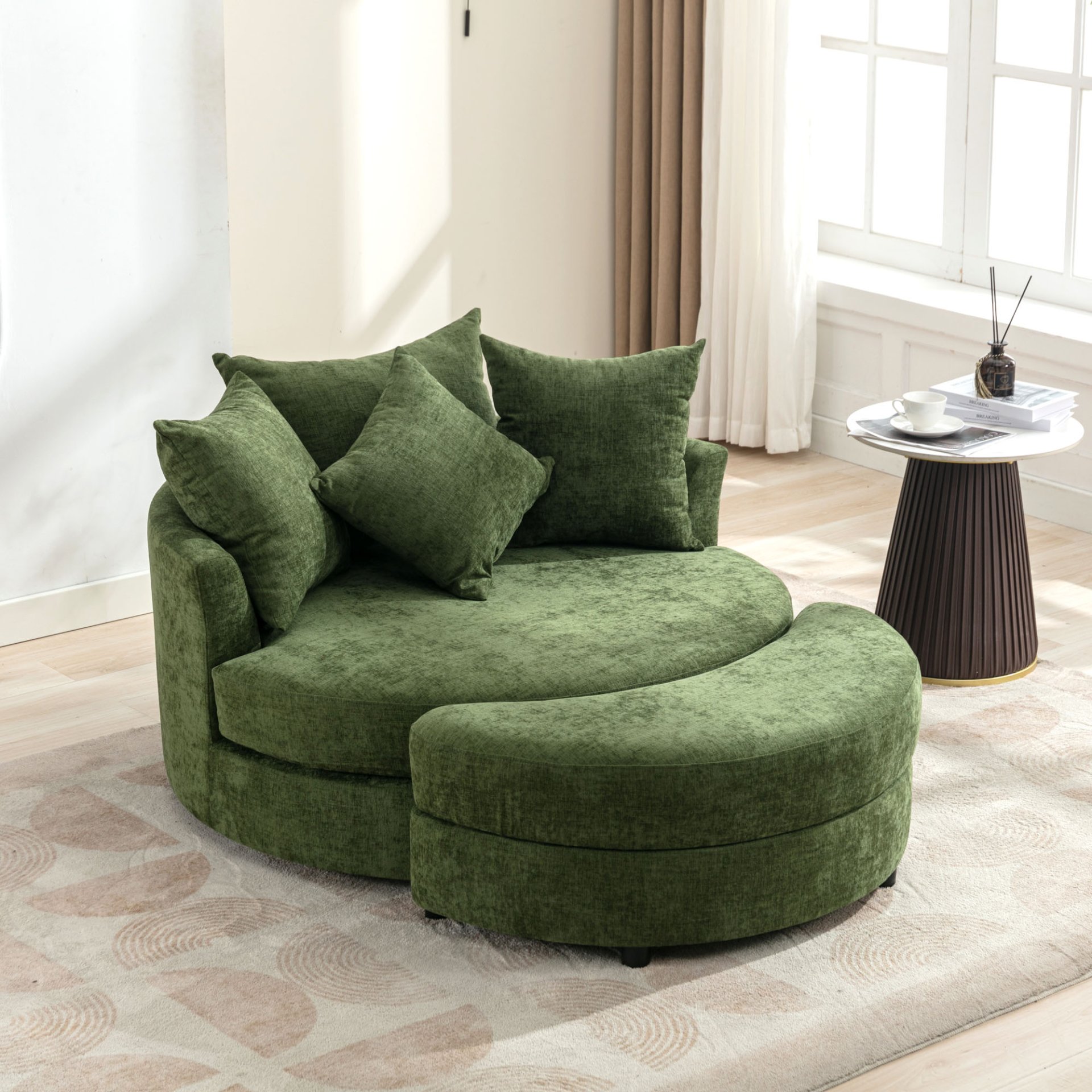 360° Swivel Accent Barrel Chair With Storage Ottoman & 4 Pillows, Modern Chenille Leisure Chair Round Accent For Living Room - Green - Image 3