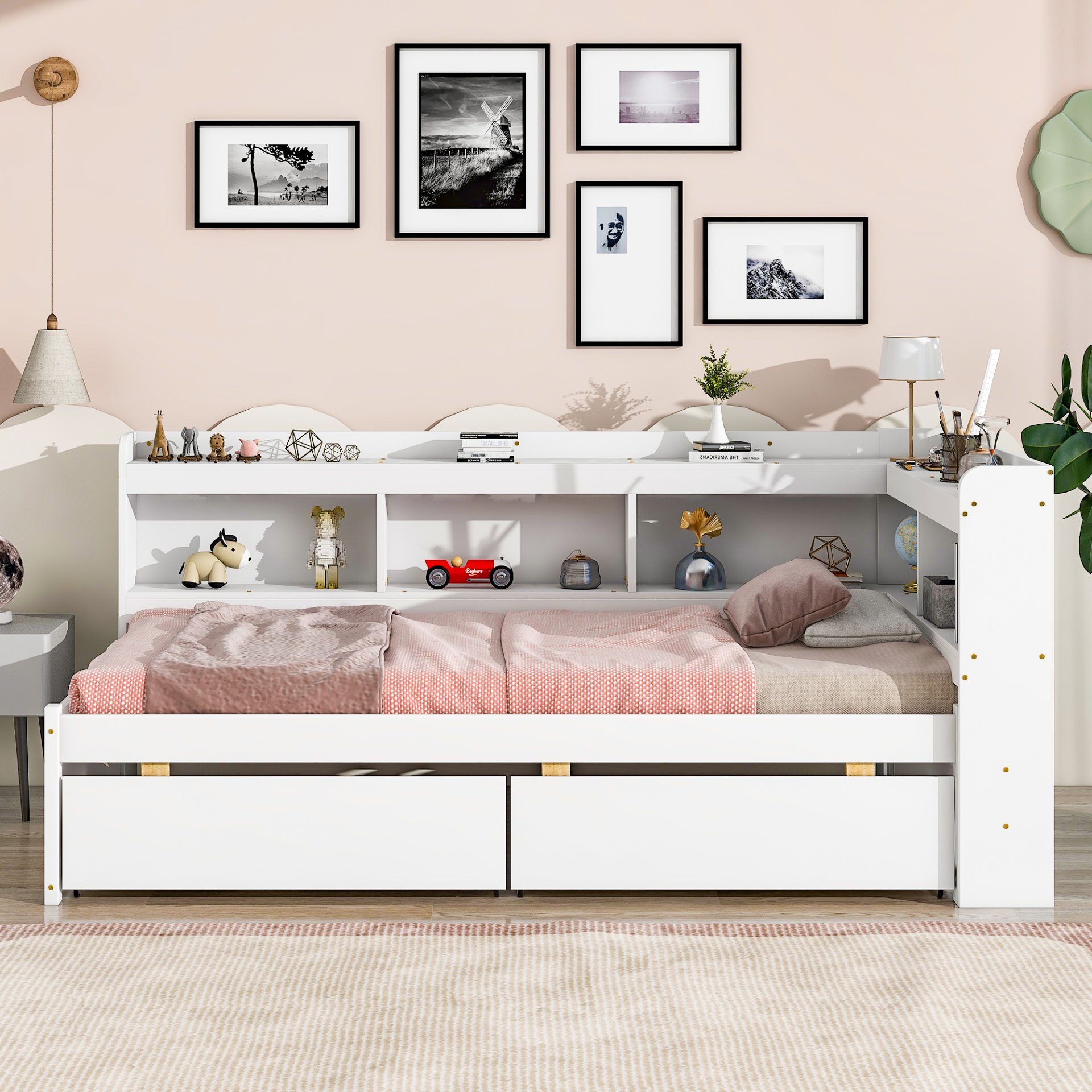 Twin Bed With L-Shaped Bookcases, Drawers - White - Image 2