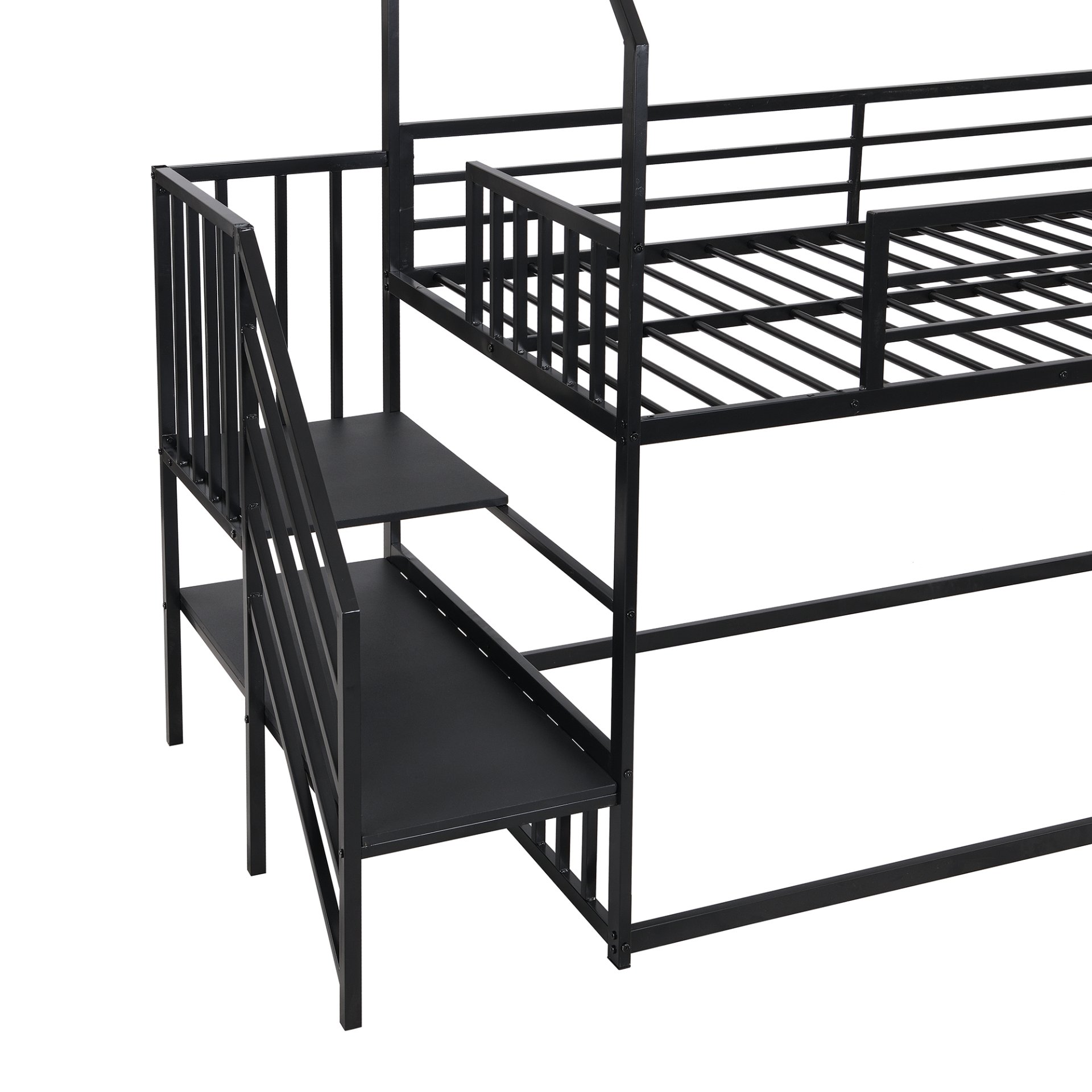 Twin Size Metal Bunk Bed House Bed With Slide And Staircase - Black - Image 5