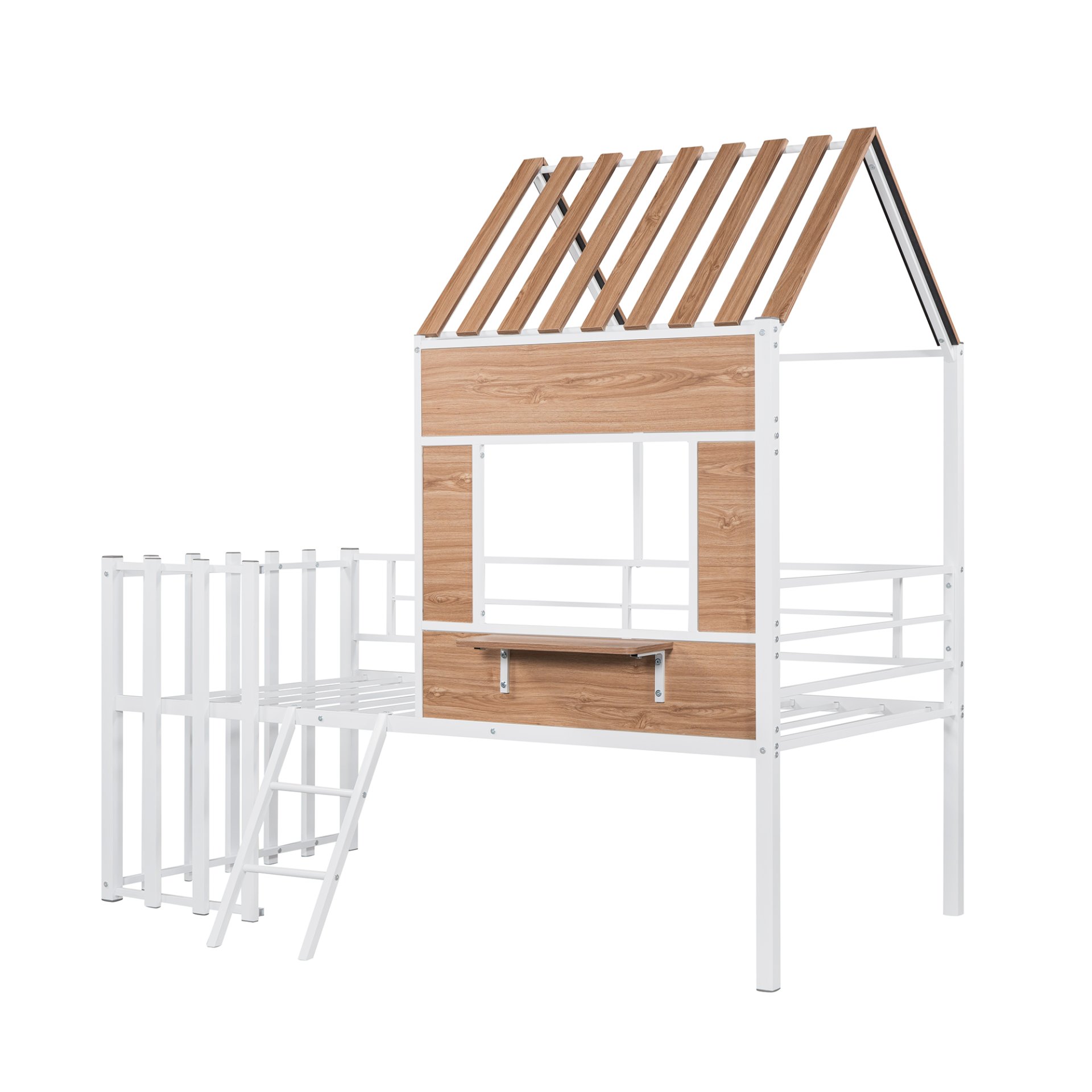 Twin Size Loft Bed With Roof, Window, Guardrail, Ladder - White - Image 7