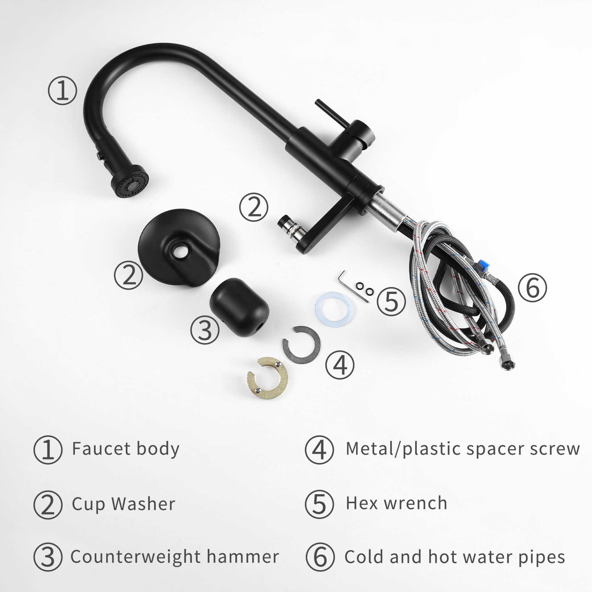 3 In 1 Kitchen Faucet With Press Type Glass Rinser, High Arc Pull Down Sprayer, 3 Function Spray Mode - Matte Black - Image 9