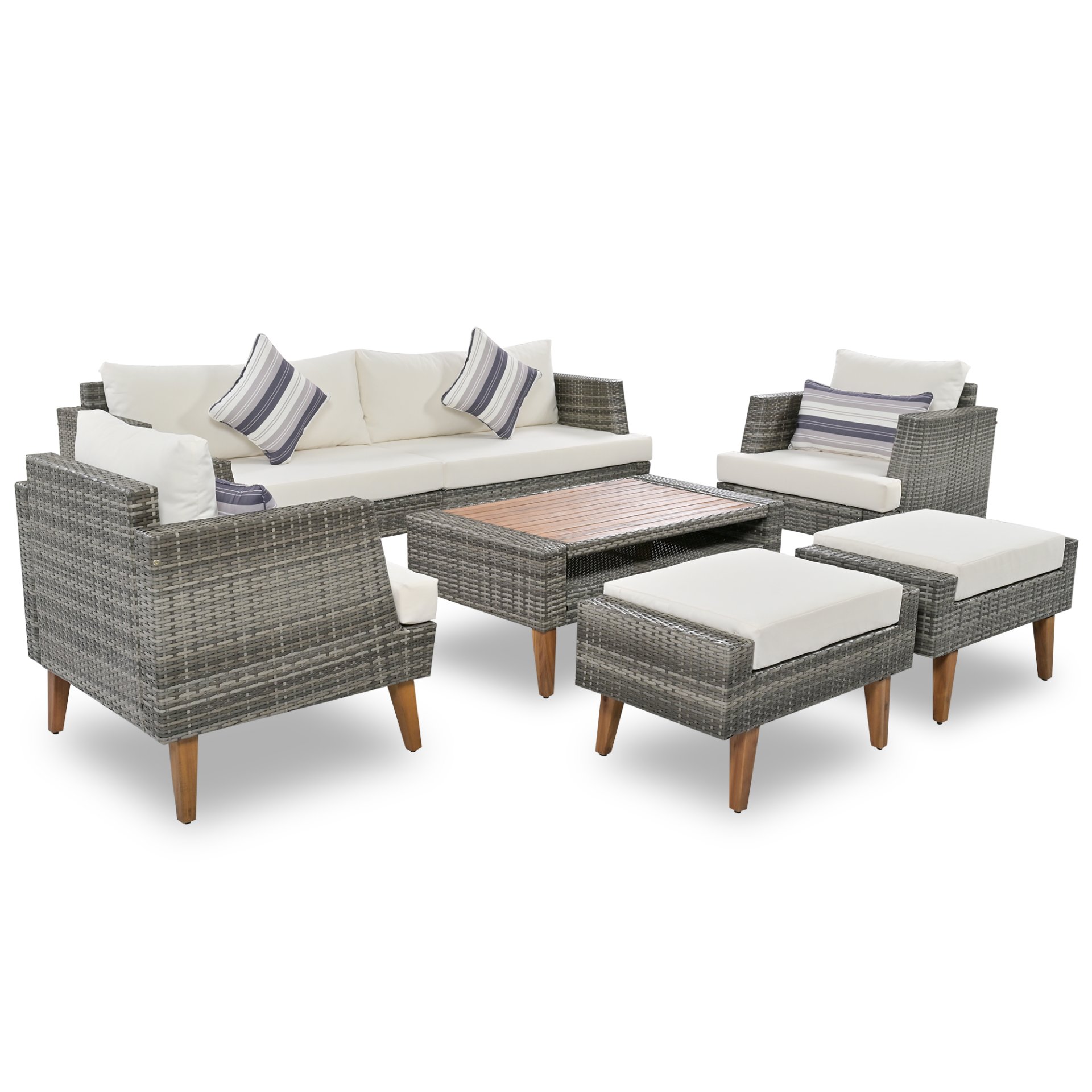 6 Pieces All Weather Sofa Set, Outdoor Rattan Sofa With Double Cushions, Wood Legs Wood Table Top - Beige / Gray - Image 9