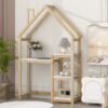 House-Shaped Wooden Writing Desk, Kids Study Table, Bookshelf & Toy Storage - Natural - Image 6