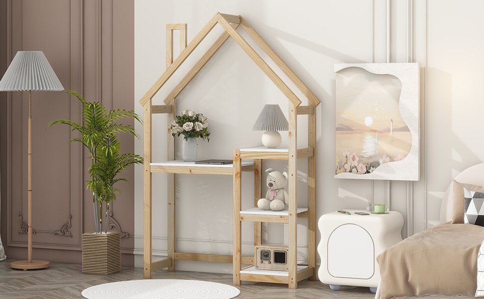 House-Shaped Wooden Writing Desk, Kids Study Table, Bookshelf & Toy Storage - Natural - Image 6