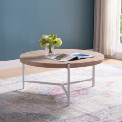 Round Coffee Table With White Metal Legs - Weathered White / White