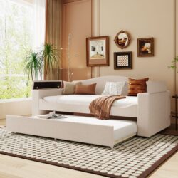 Twin Size Upholstered Daybed With Storage Armrests, Trundle And Latest Integrated Bluetooth Audio System - Beige