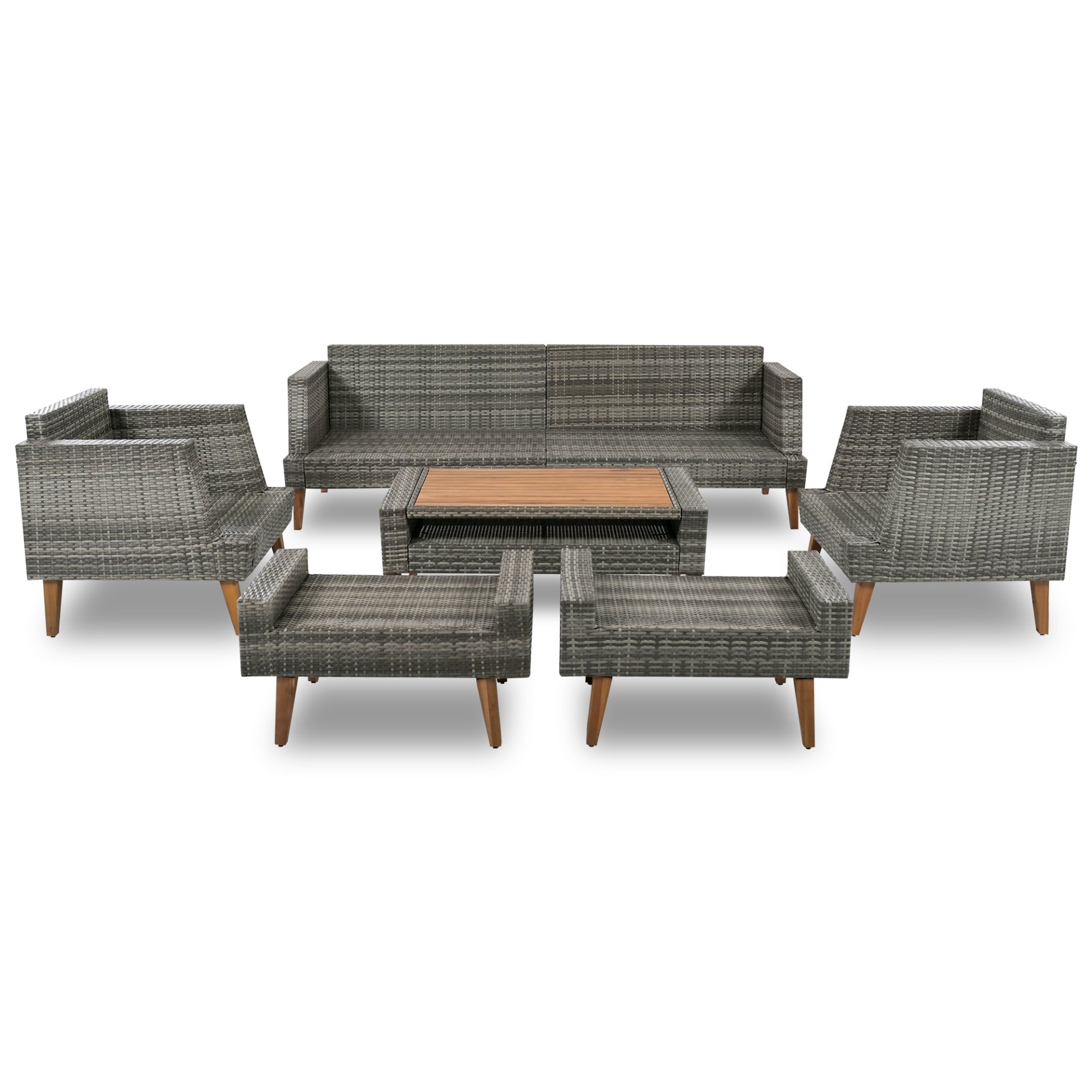 6 Pieces All Weather Sofa Set, Outdoor Rattan Sofa With Double Cushions, Wood Legs Wood Table Top - Beige / Gray - Image 11