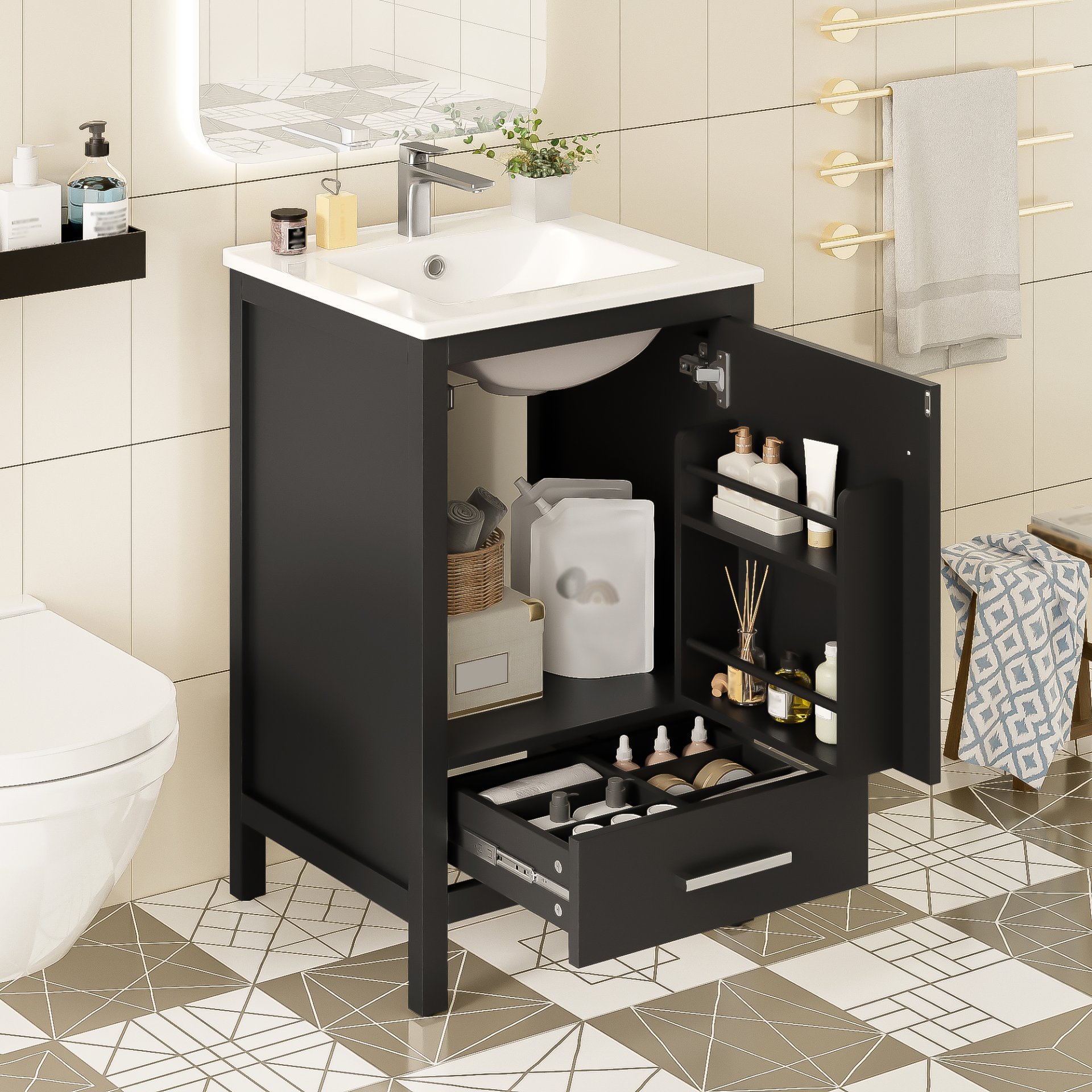 20" Bathroom Vanity With Sink, Soft Close Drawers, Door Organizer, Divider Drawer, Adjustable Foot Pads - Black - Image 2