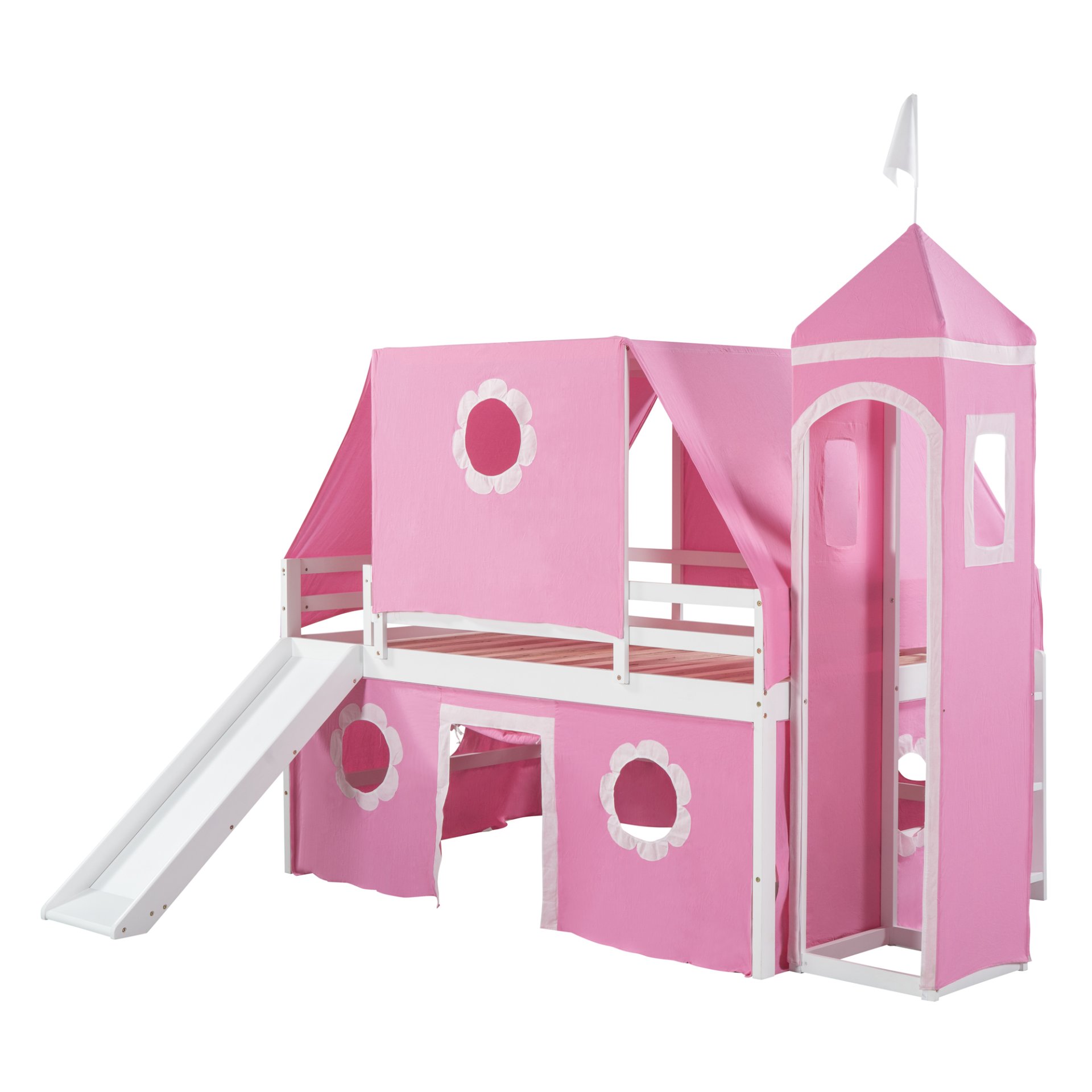 Full Size Loft Bed With Slide And Tent Tower Space Saving Fun Design For Kids - Pink - Image 6