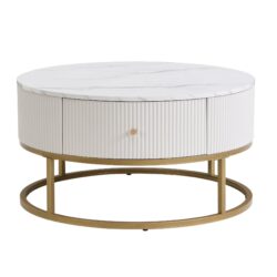 Modern Round Coffee Table With Drawers, Faux Marble, Metal Frame - Off White