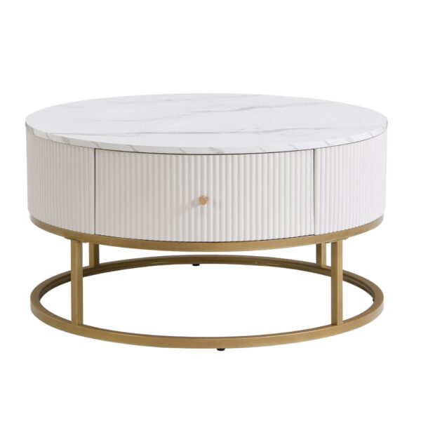 Modern Round Coffee Table With Drawers, Faux Marble, Metal Frame - Off White