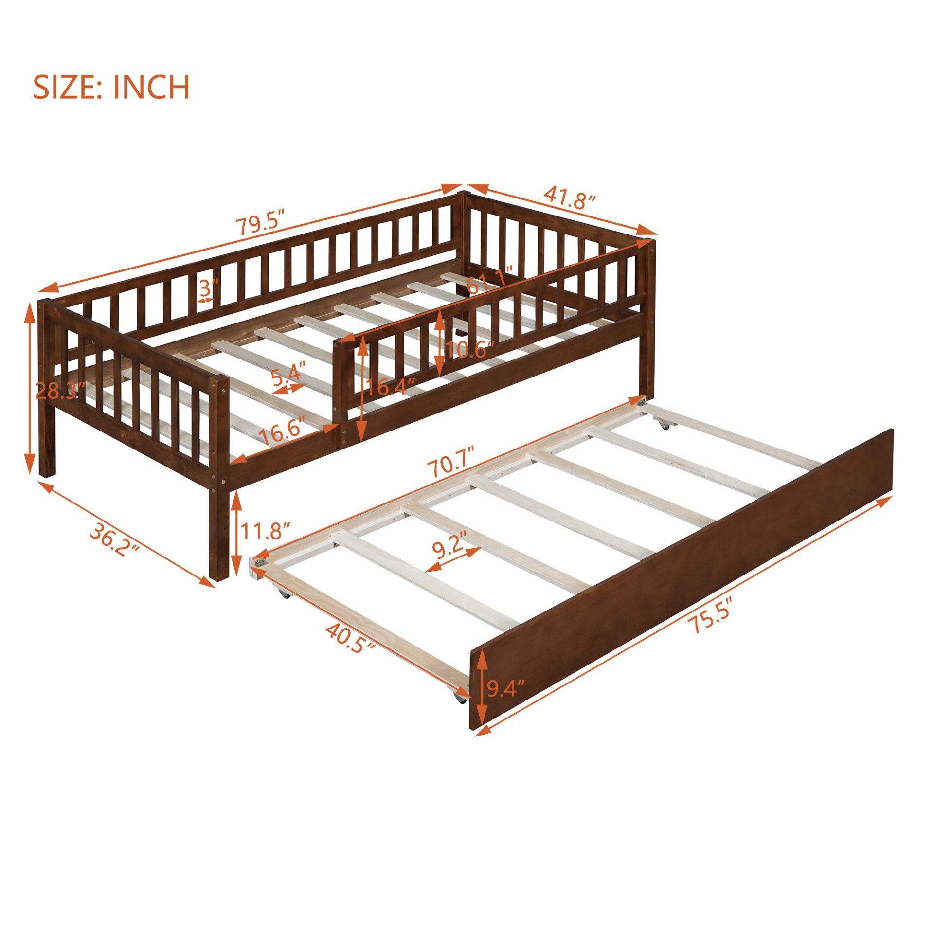 Twin Size Daybed With Trundle And Fence Guardrails - Walnut - Image 3