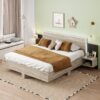 King Size Floating Platform Bed, With LED Lights, Bedside Nightstand - Natural - Image 12
