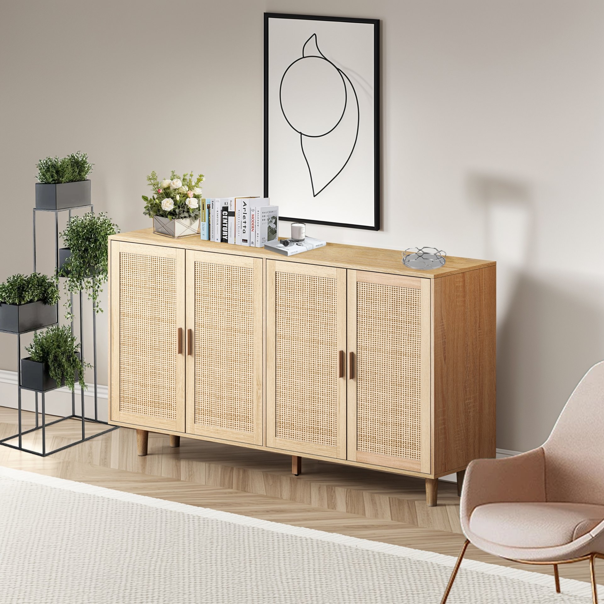 Elegant And Functional Rattan Decorative Storage Cabinet With 4 Doors - Natural - Image 6