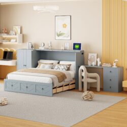 Queen Size Murphy Bed With USB Port, Large Drawer, And Wardrobe / Desk Combo Versatile Cabinet Bed - Gray