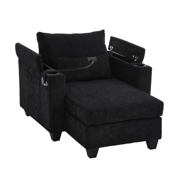 Convertible Chaise Lounge Sofa Chair Bed With USB Ports, Cup Holders & Storage - Black