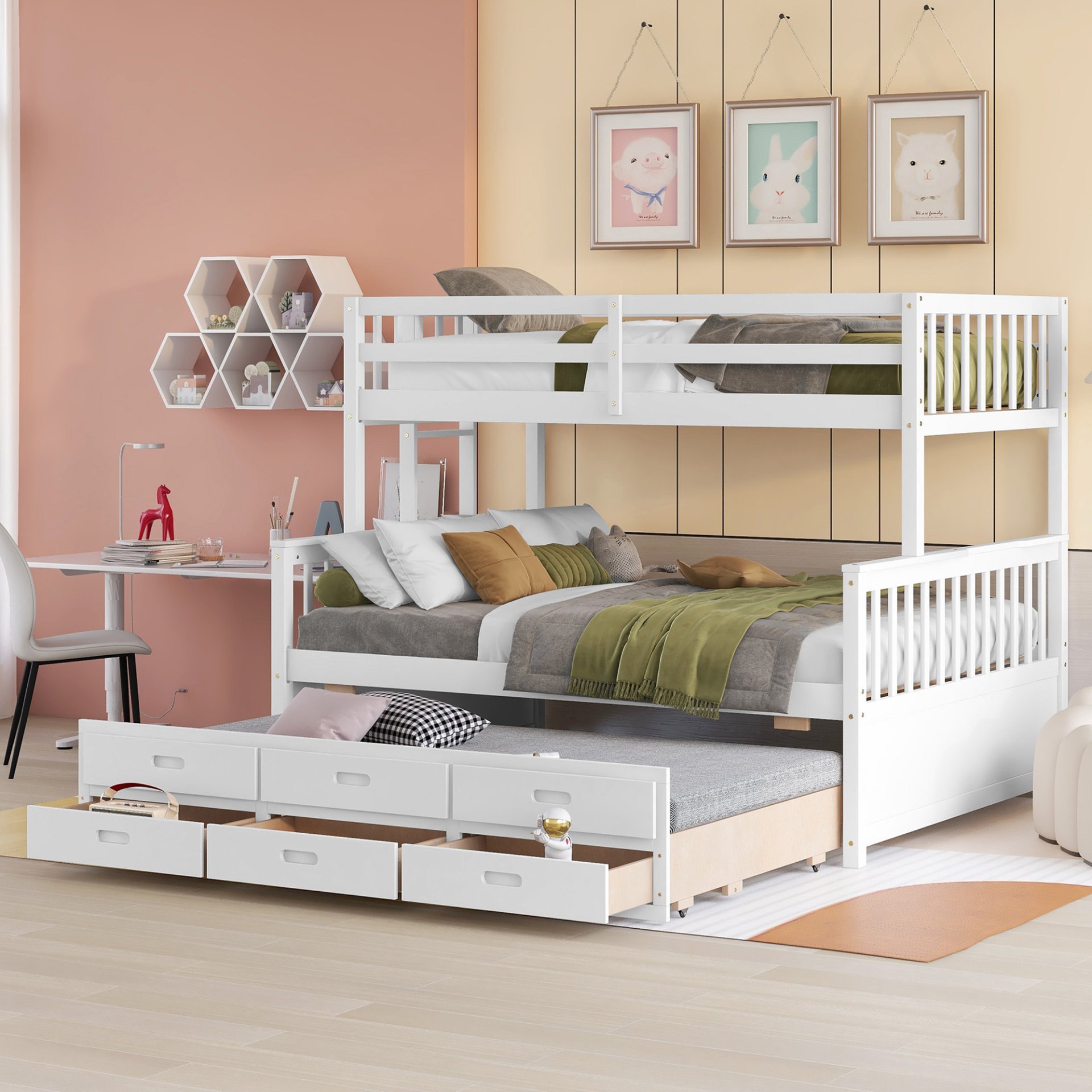 Twin Over Full Bunk Bed With Twin Size Trundle, With Drawers For Bedroom - White - Image 2