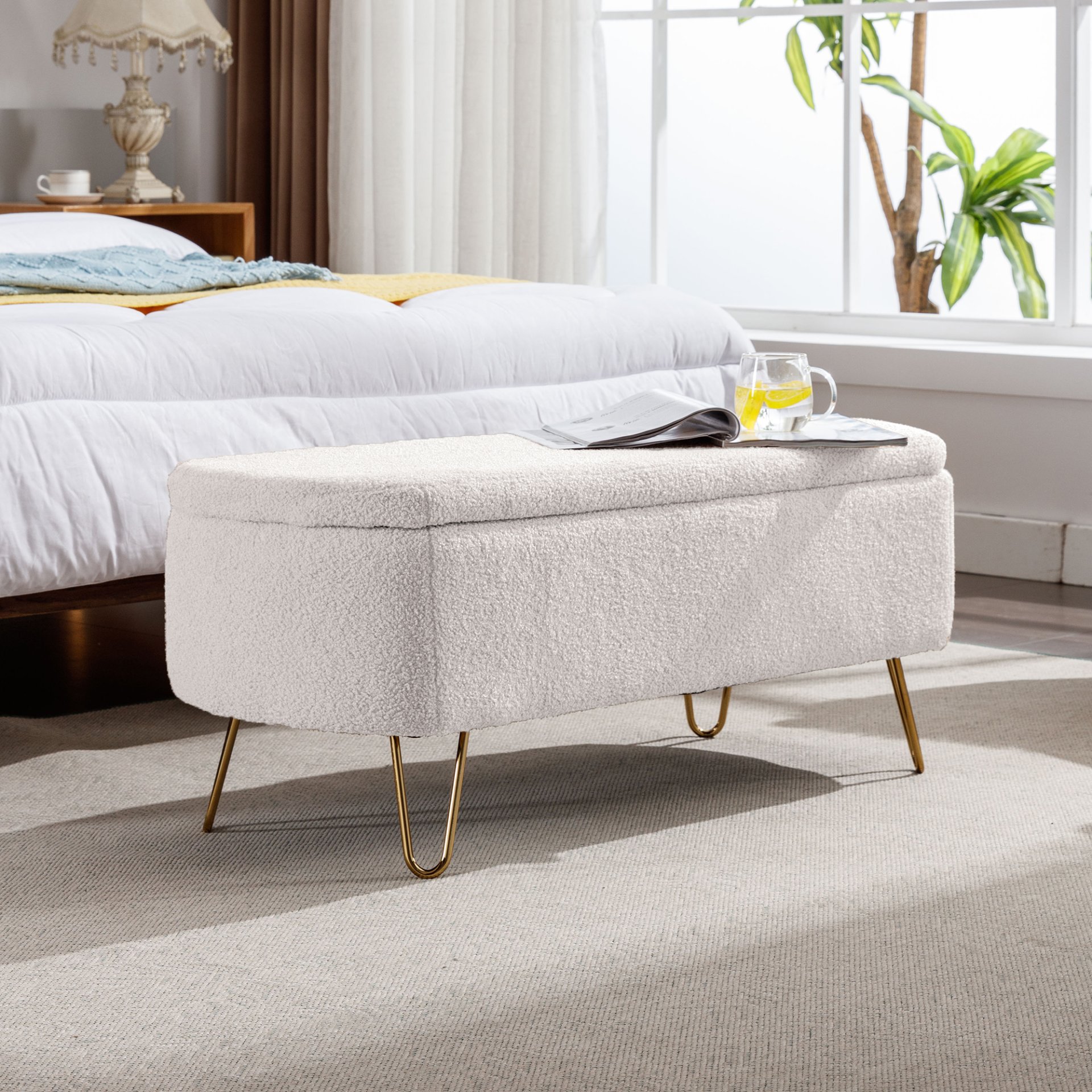Storage Ottoman Bench For End Of Bed Gold Legs, Modern Ivory White Faux Fur Entryway Bench Upholstered Padded With Storage For Living Room Bedroom - Ivory - Image 4