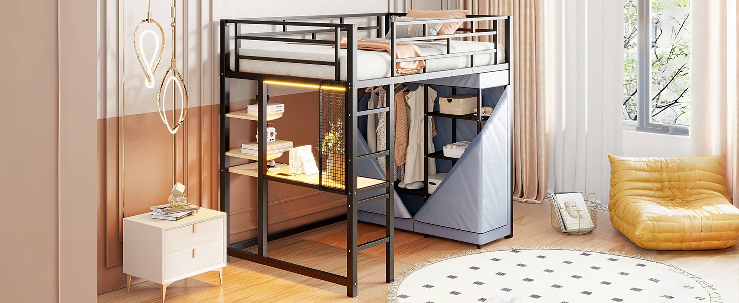 Twin Size Loft Bed With Desk, Shelves, Power Outlet, LED Light And Wardrobe - Black - Image 24