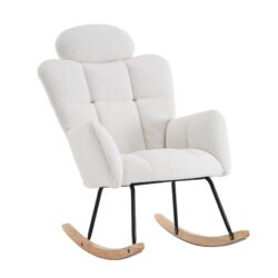 Modern Teddy Fabric Upholstered Nursery Rocking Glider Chair With Padded Seat And High Backrest - Ivory