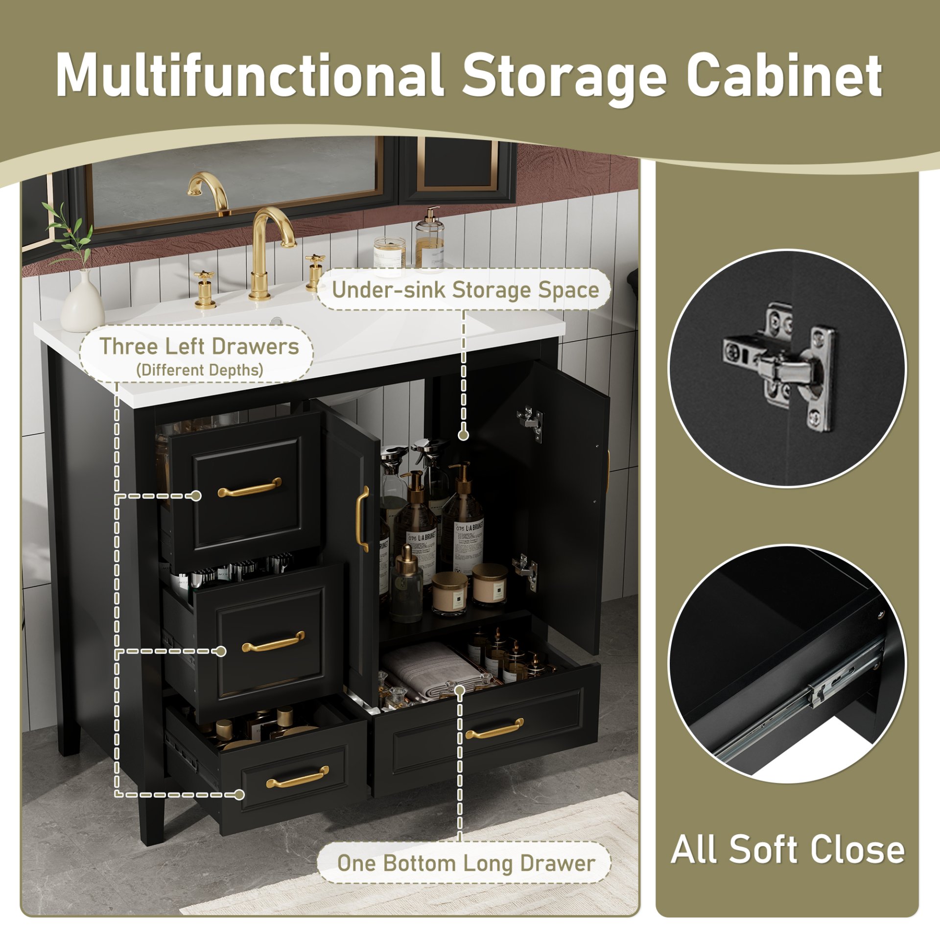 Bathroom Vanity With Sink, Soft Closing Doors & Drawers, Metal Handles - Black - Image 6