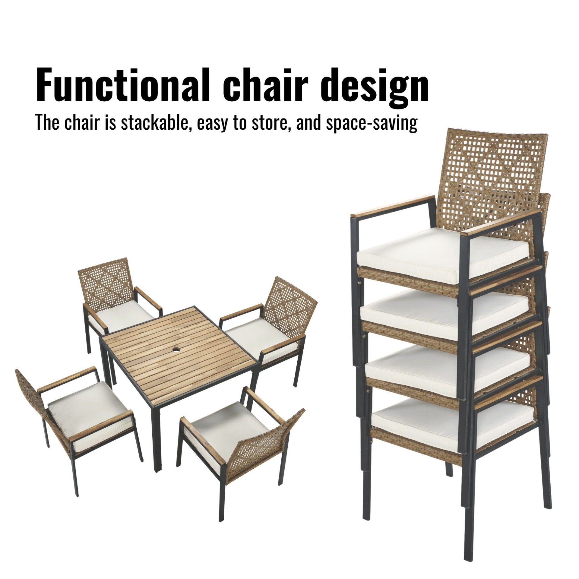 All Weather Patio Dining Table Set With Top And Umbrella Hole - Rattan Outdoor Furniture - Yellow - Image 6