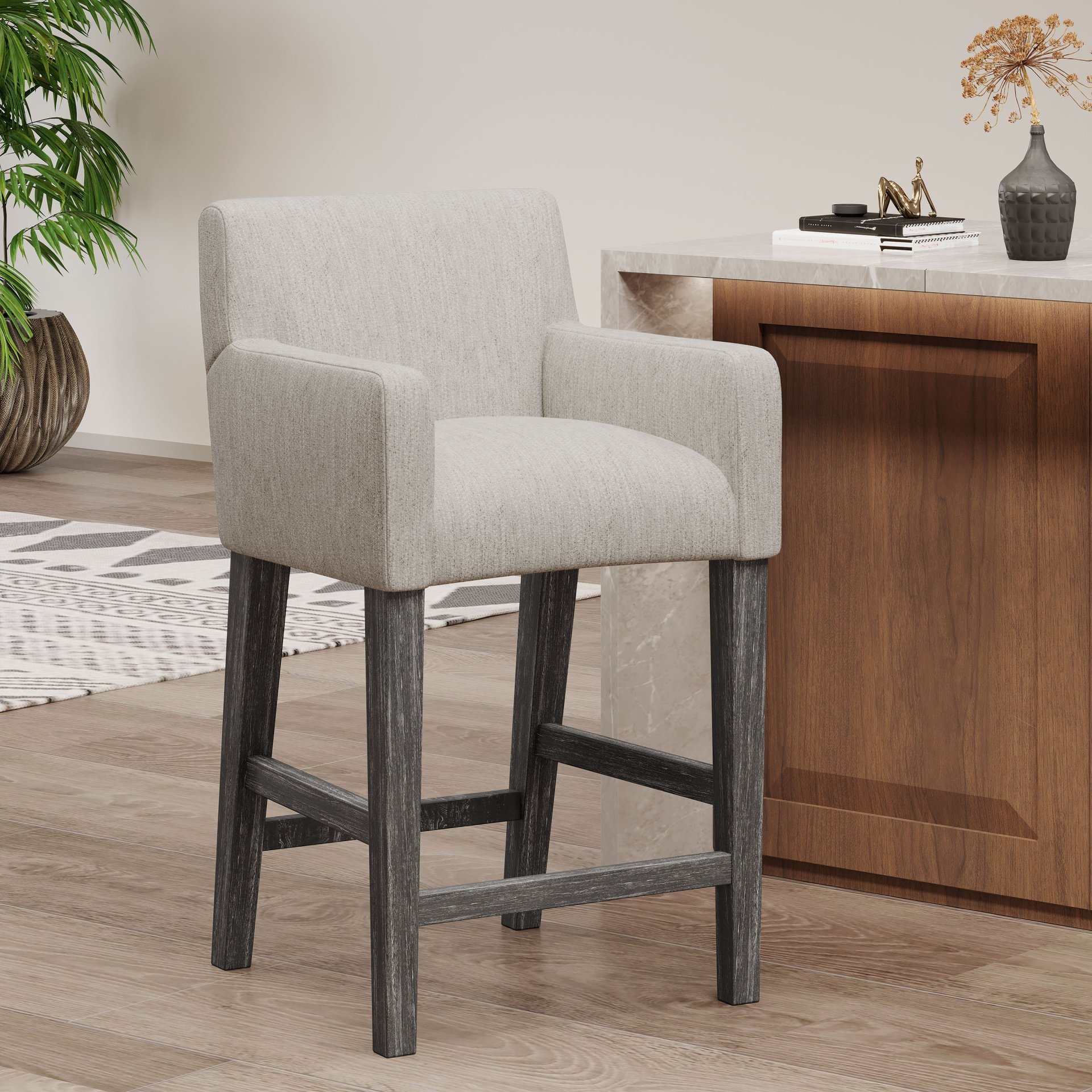 Charmed Upholstered Counter Stool With H Frame Base And Round Arms - Light Gray - Image 9