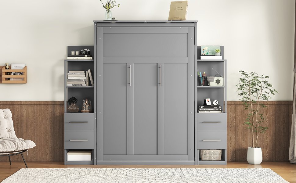 Full Size Murphy Wall Bed & Shelves, Drawers And LED Lights - Gray - Image 22
