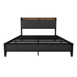 Full Size Bed Frame With Charging Station, Upholstered Headboard, Metal Platform - Dark Gray